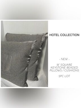 HOTEL COLLECTION - NEW - 2PC LOT - 18” SQUARE BEADED GREY CUSHION / PILLOW